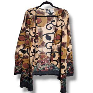 Take Two Boho Drape Waterfall Front Cardigan Womens Large Brown Black Fall Print